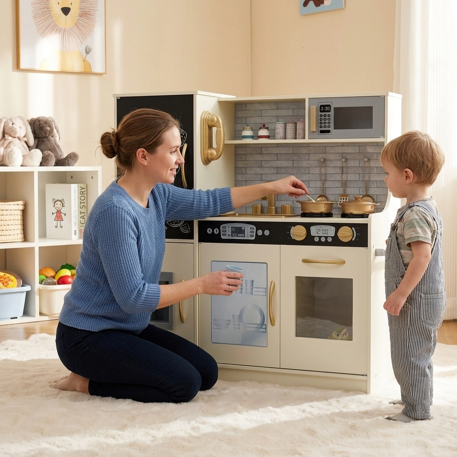 Pretend Play Kitchen Simulated Microwave Dishwasher Ice Maker Oven 32-in Toy Kitchen Playset Ages 3-6 Cream White