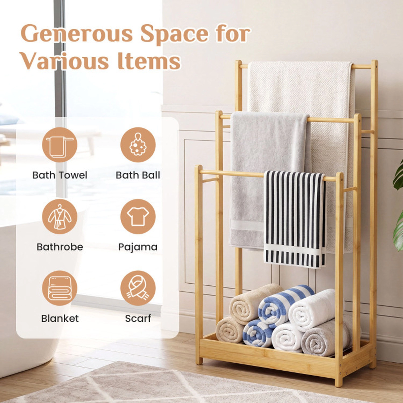 SUGIFT 3-Tier Freestanding Bamboo Side Bars Bathroom Towel Rack 18-in x 9-in x 34-in 5.5-lb per Bar 4-lb Natural