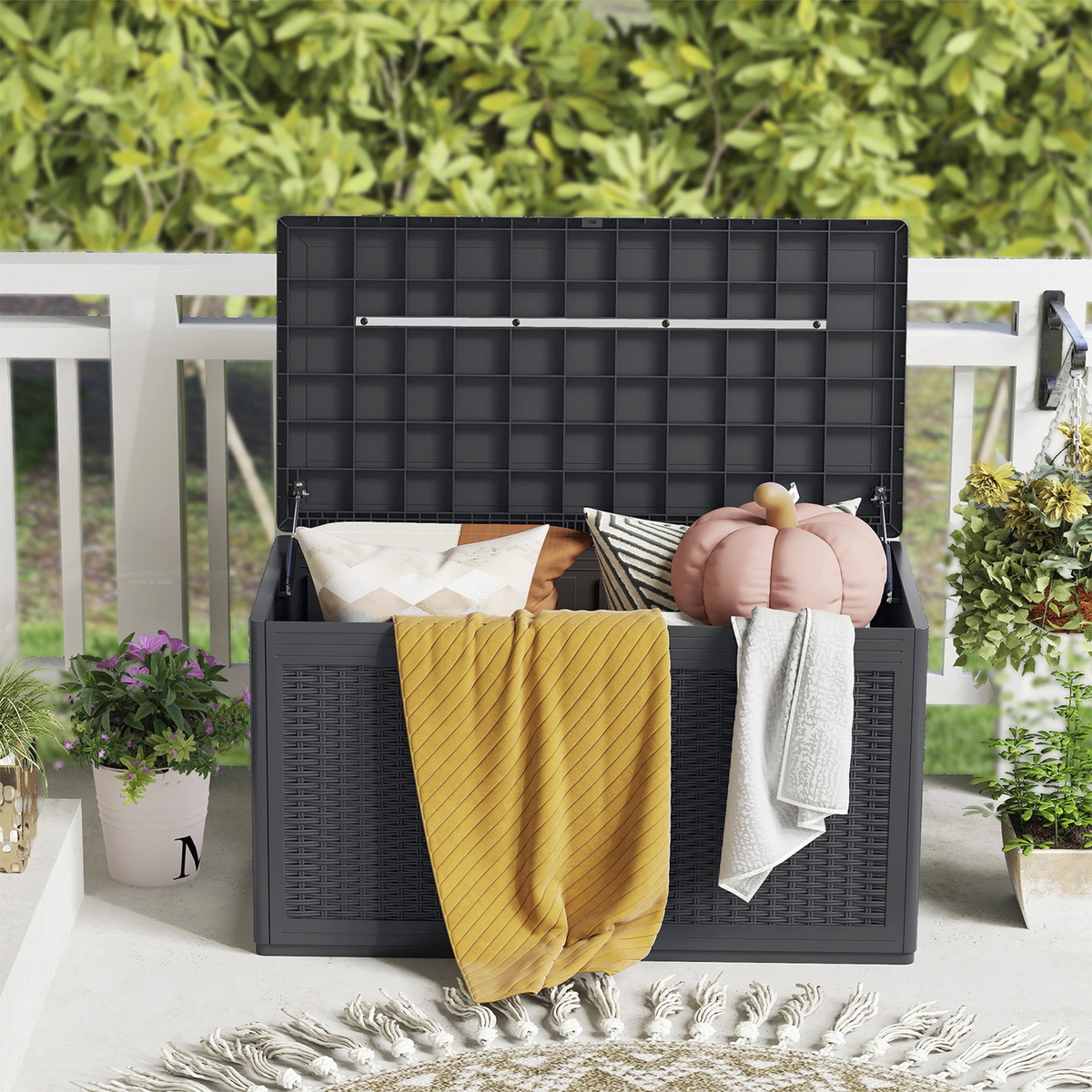 SUGIFT 100-Gallon Resin Deck Storage Box Bench 440-lb Lid Capacity 25-lb Net Weight Brown Black Gray