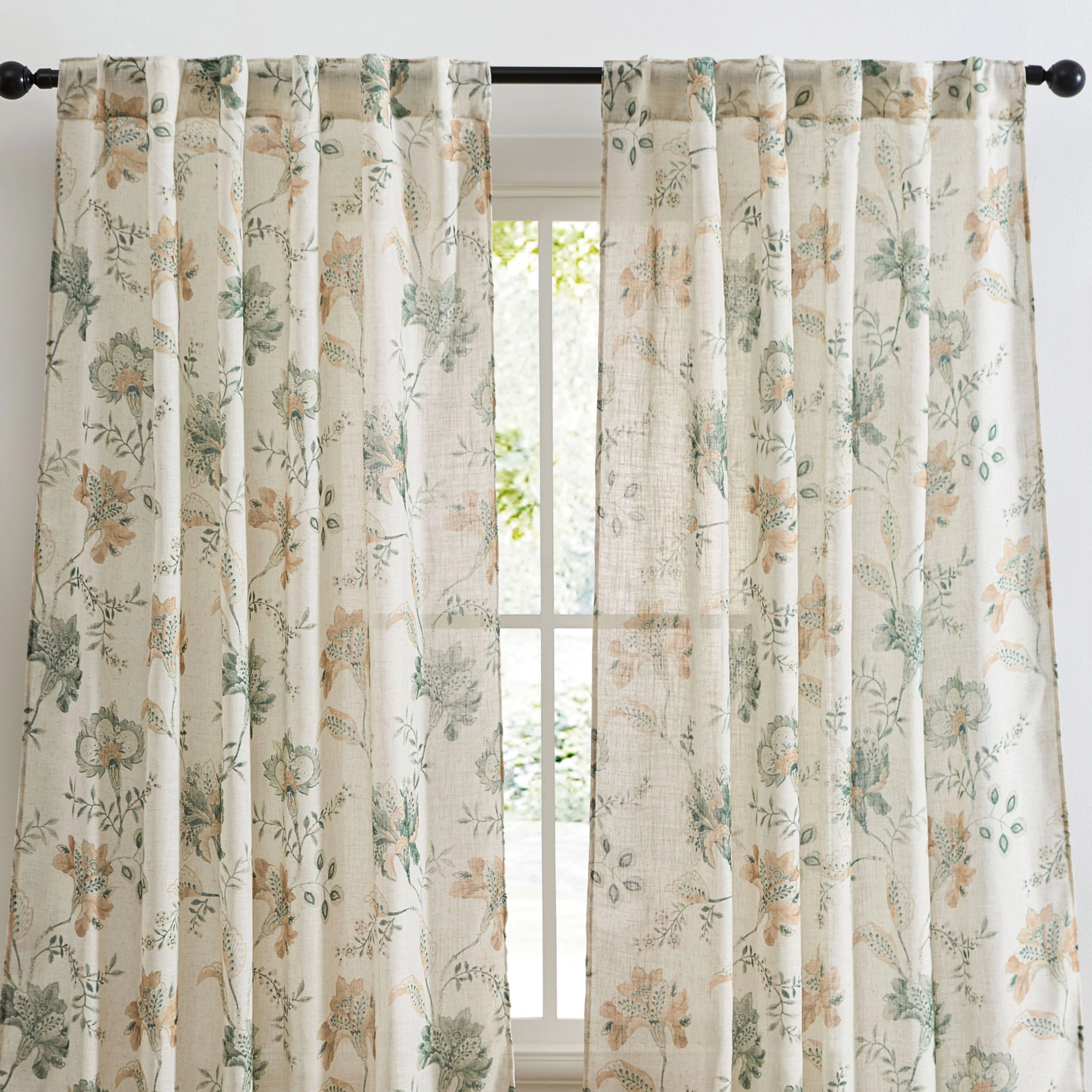 HLC.ME Spring Bloom Linen Floral Print Patterned Curtains - Back Tab Pocket Window Flower Curtains Panels - Set of 2