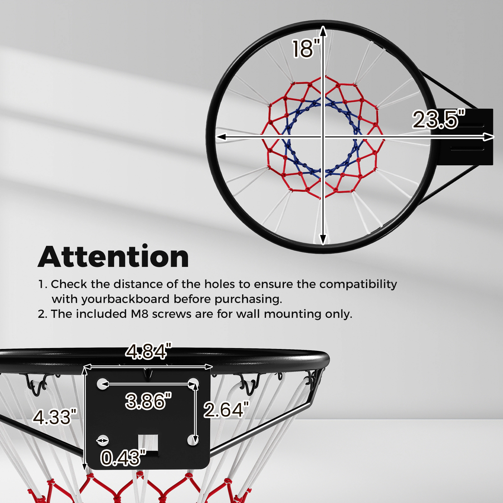 SUGIFT Black 18-in Wall Mounted Basketball Rim with Dual Shock Absorbing Springs and All Weather Net 23.5-in W