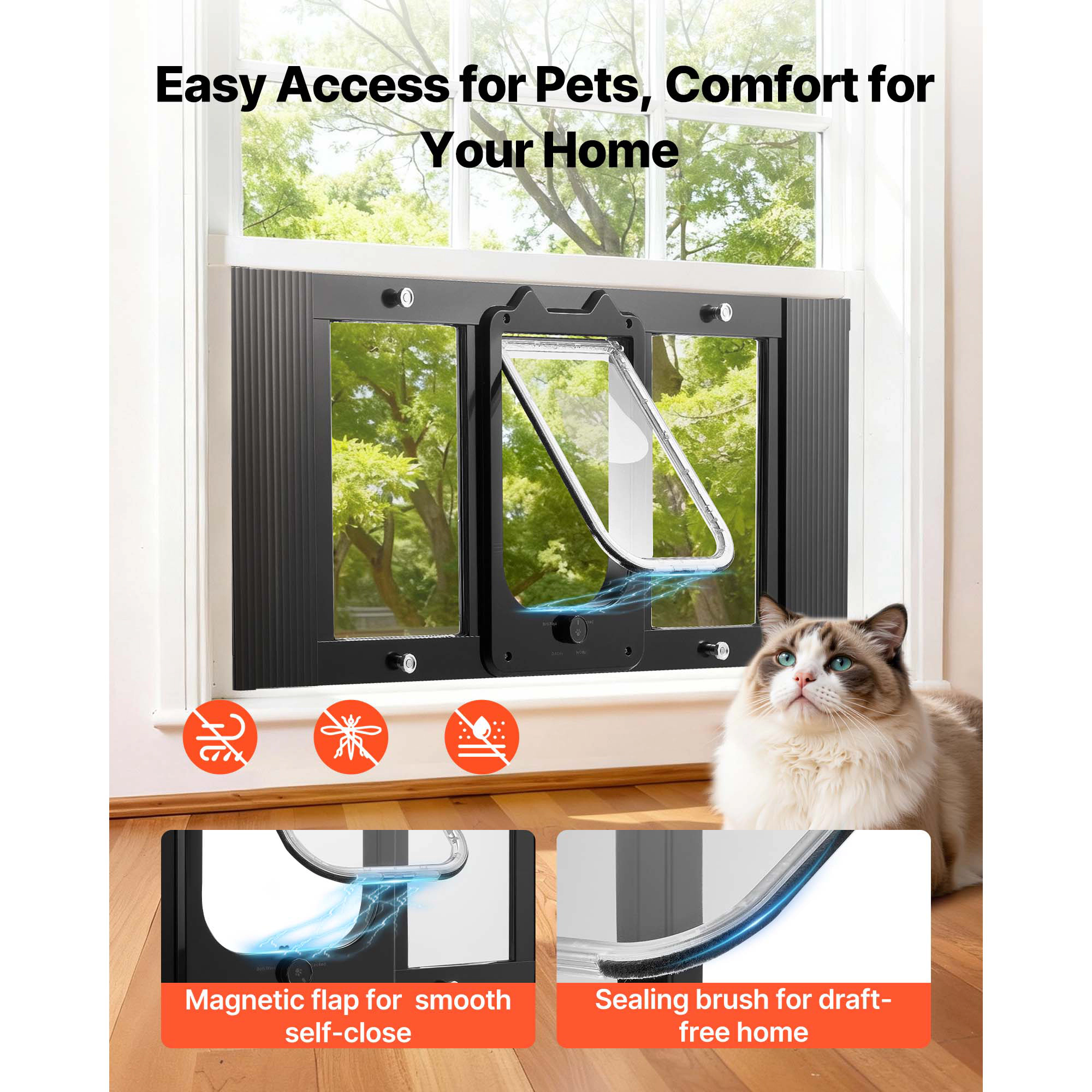HONGGE Cat Door for Window, Adjustable 31 to 36 Inch Width, 4-Way Lock, Aluminum Frame with Magnetic Closure, Black