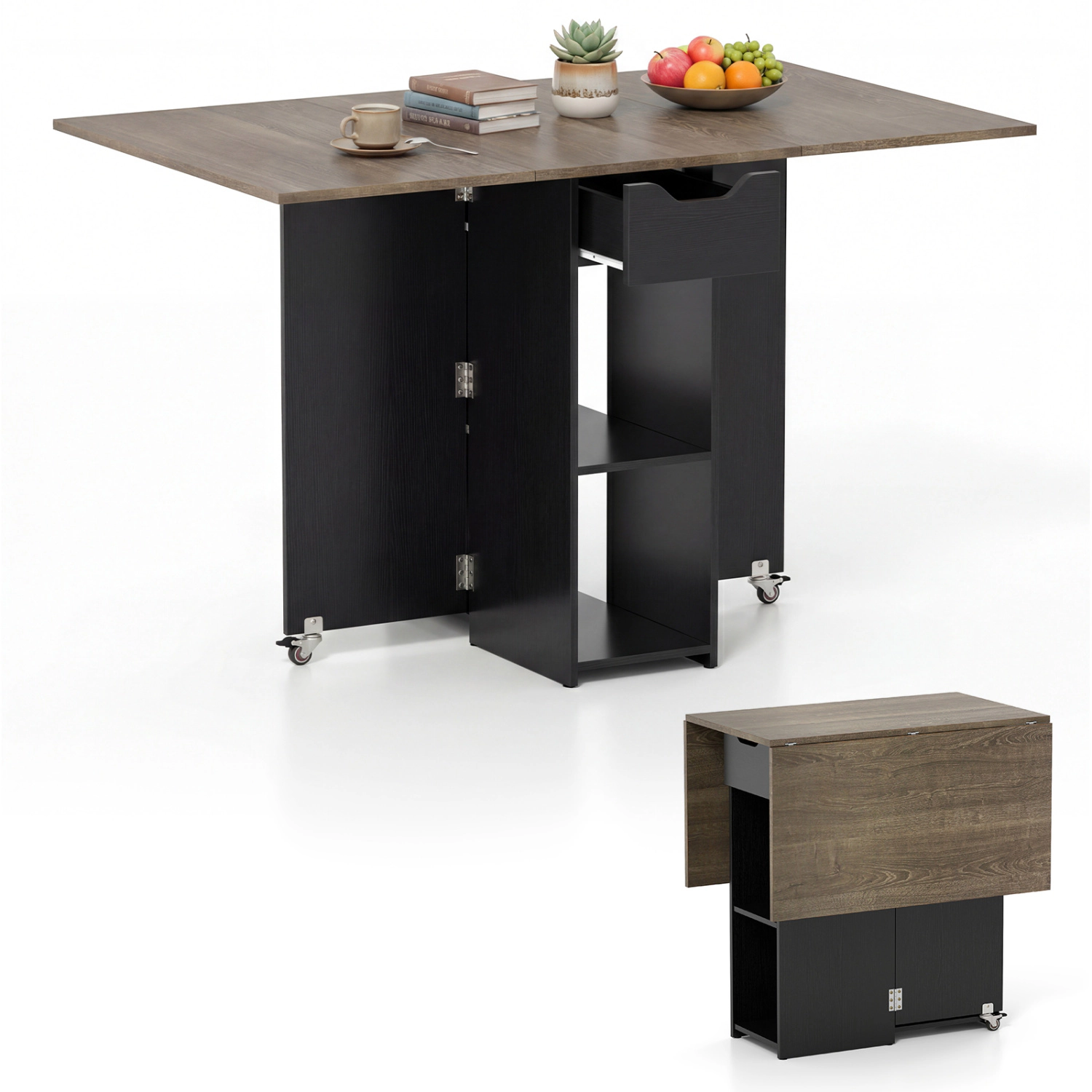 LJG 47.5 Inch Farmhouse Extendable Wooden Dinner Table with Lockable Wheels