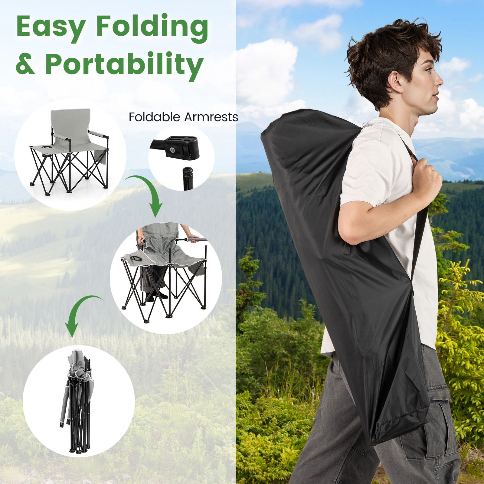 SUGIFT Gray Oversized Camping Chair with Side Table and 2 Storage Pockets 32.5-in W 21.5-in D 330-lb Seat Capacity