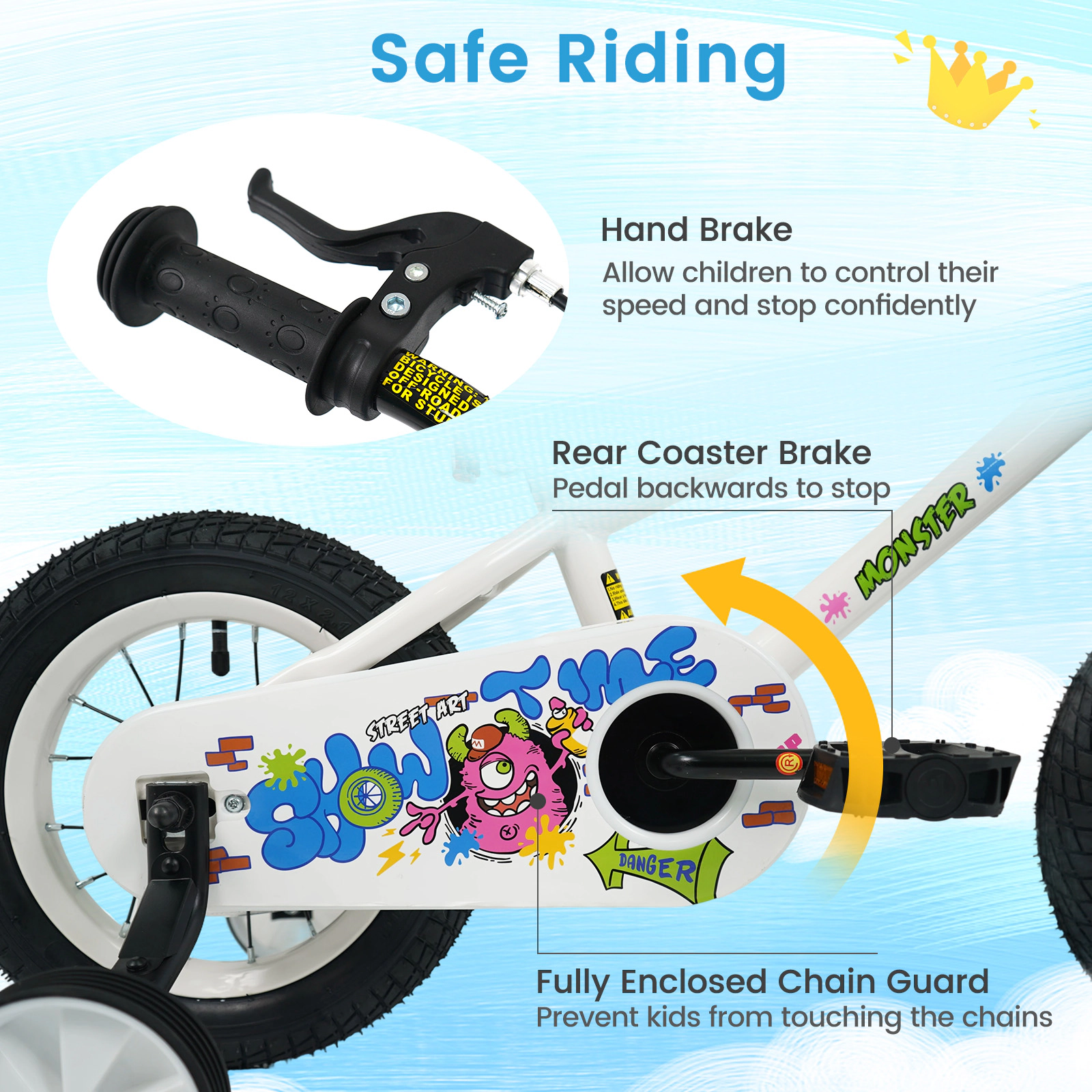 SUGIFT White Training Wheels Graphic Number Plate and Coaster Brake Kids 14 Inch Bike