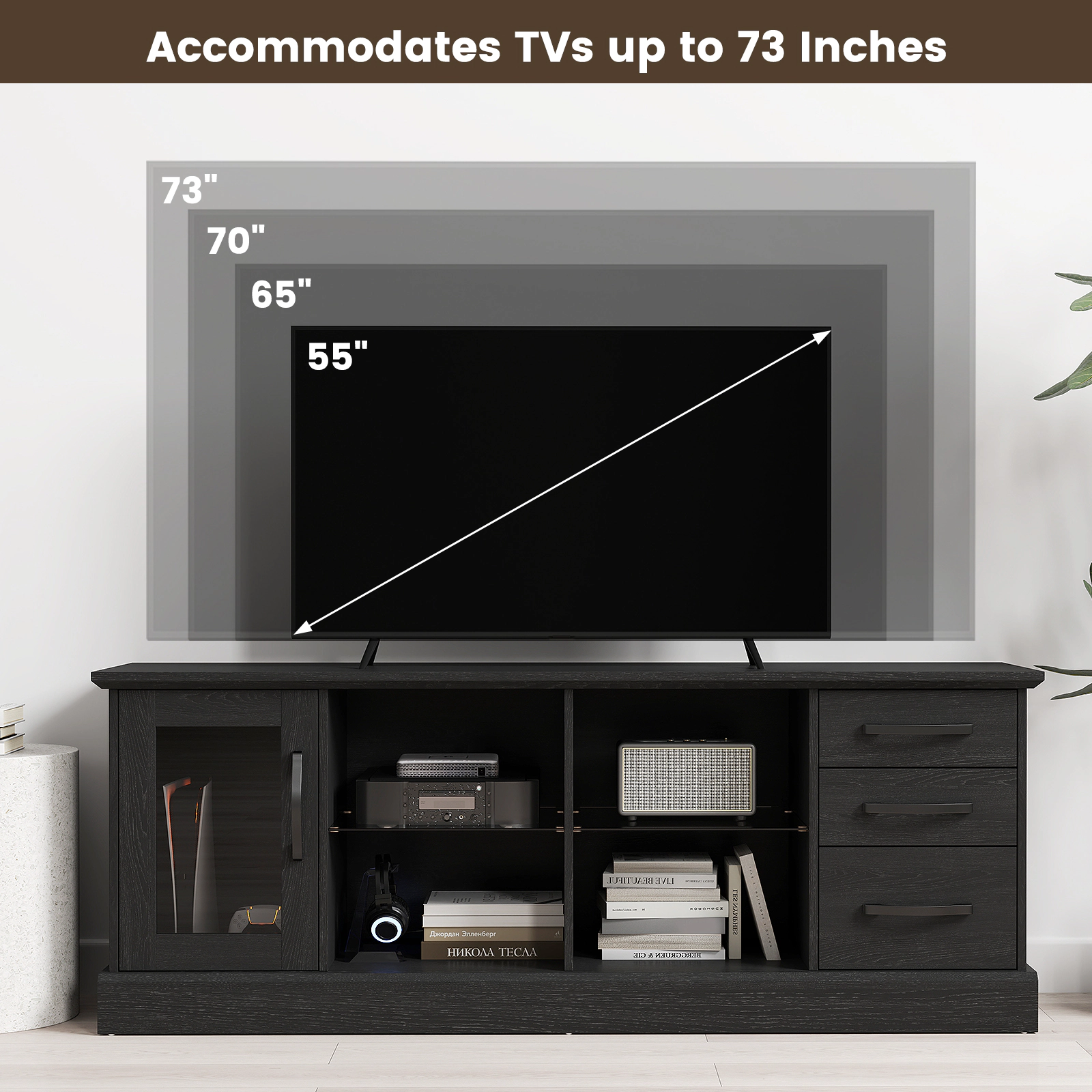 LJG 63 Inches Media Console Table with 3 Drawers and 2 Glass Shelves