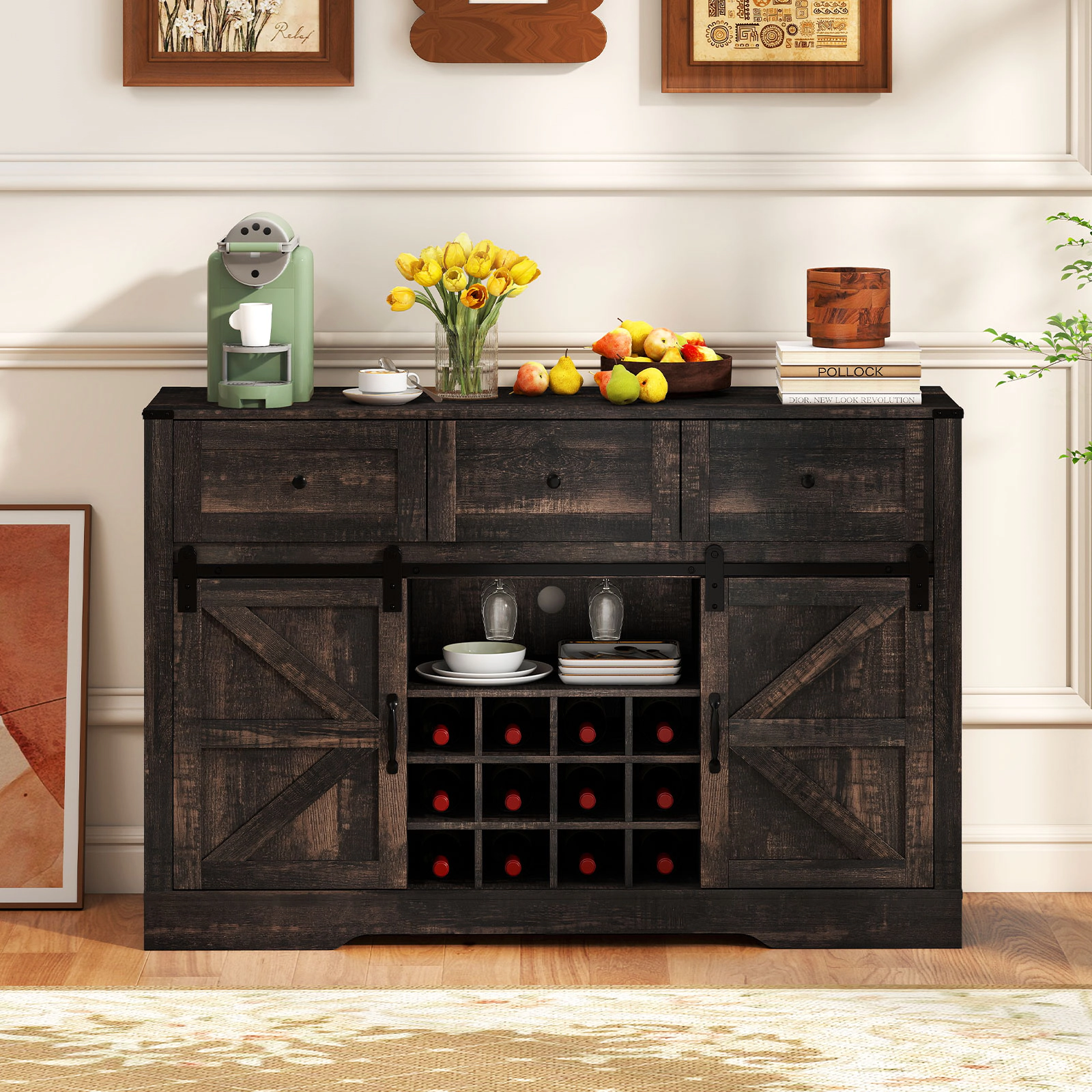 Glintex 52-Inch Wine Bar Cabinet with LED Lights and Sliding Barn Doors