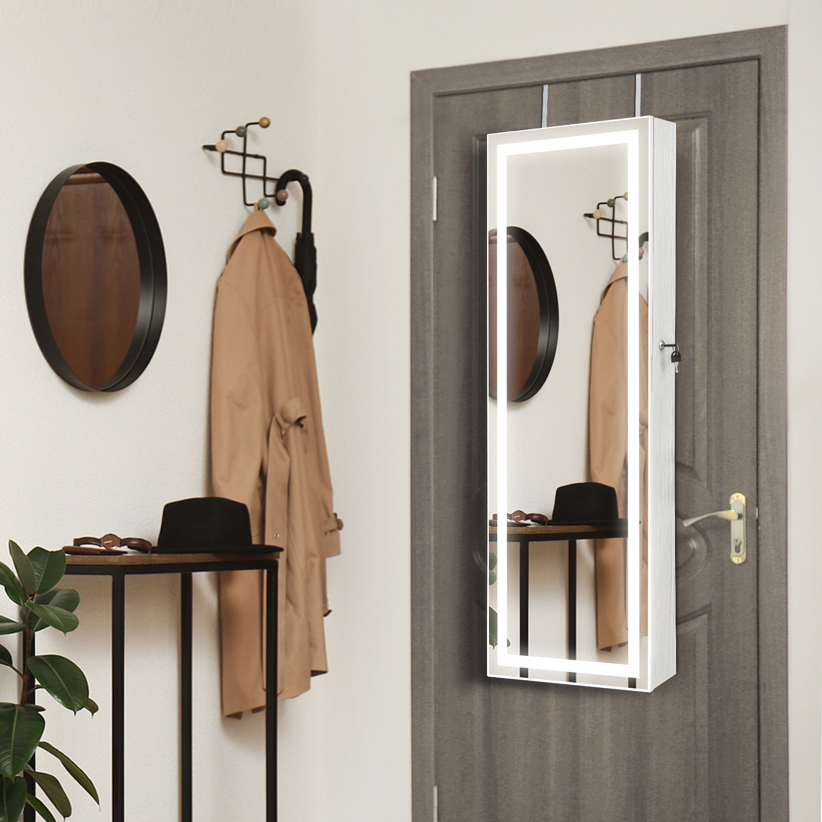 SUGIFT 47-in White Wall Mounted Jewelry Armoire Mirror Cabinet with 2 Internal LED Lights 15.5-in W