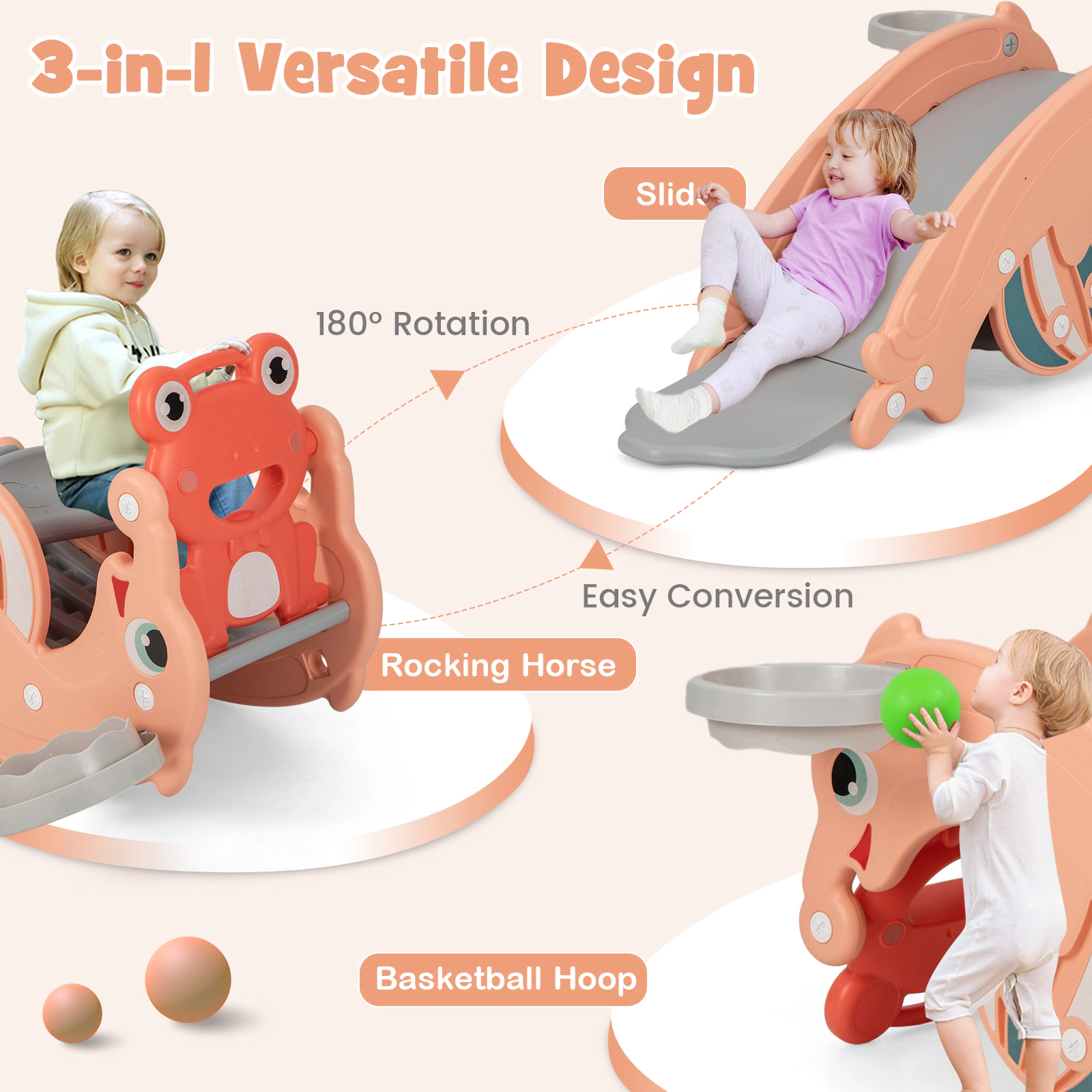 3-in-1 Convertible Toddler Slide and Rocking Horse Basketball Hoop 2-Step Ladder and 55-lb Capacity Ages 1.5-3 Pink