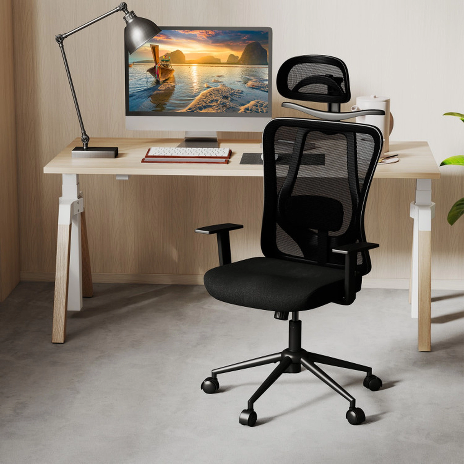 SUGIFT 330-lb Capacity Black Mesh High Back Desk Chair with 3D Headrest Coat Hanger and Waterfall Seat