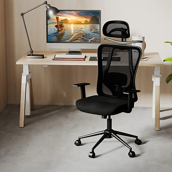SUGIFT 330-lb Capacity Black Mesh High Back Desk Chair with 3D Headrest Coat Hanger and Waterfall Seat