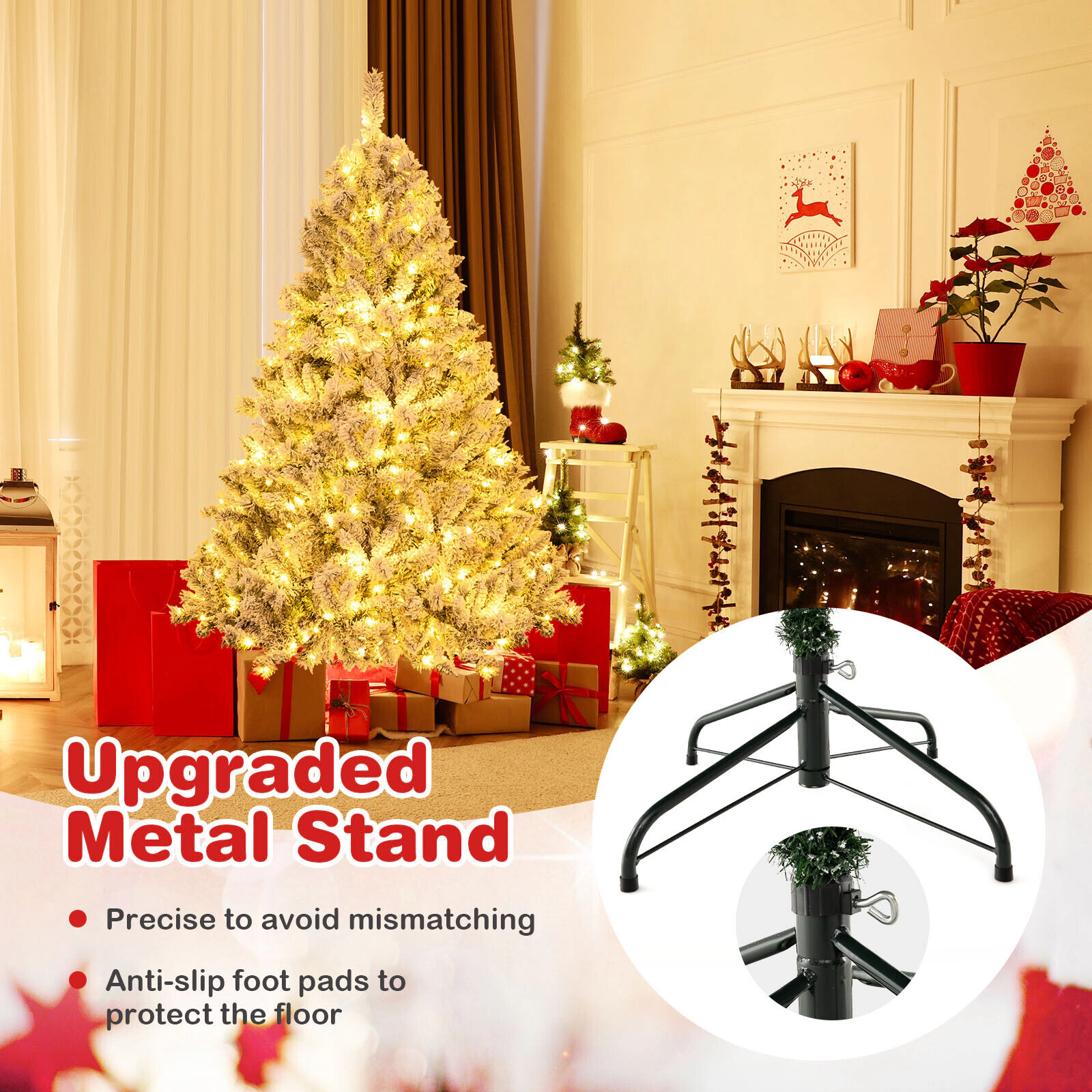 SUGIFT 3-Minute Quick Shape Flocked Artificial Christmas Tree with Warm White LED Lights 6 ft Green & White