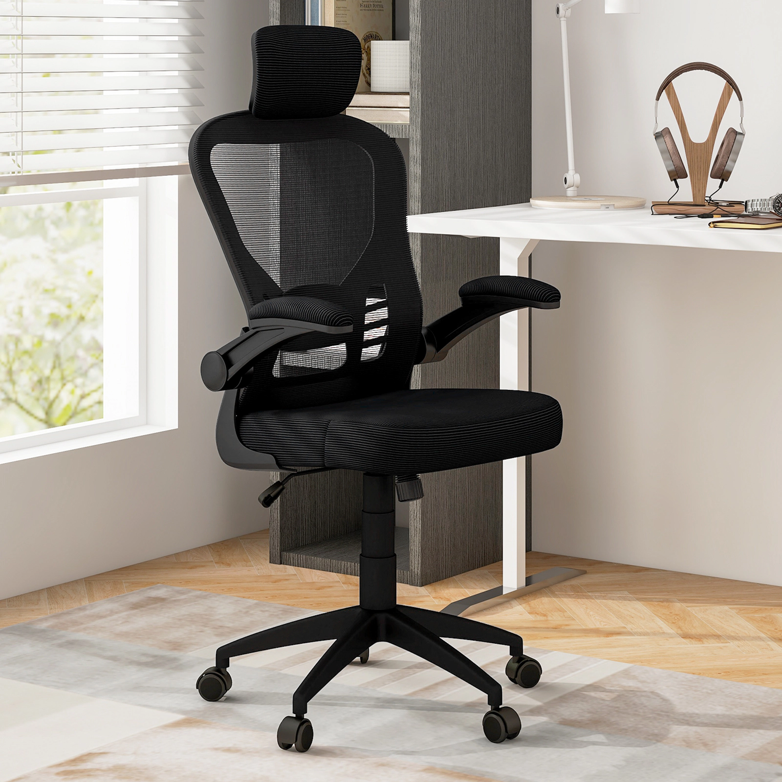 SUGIFT Mesh Office Chair with Adjustable Height Headrest Lumbar Support Flip-Up Armrests and Rocking Function 26