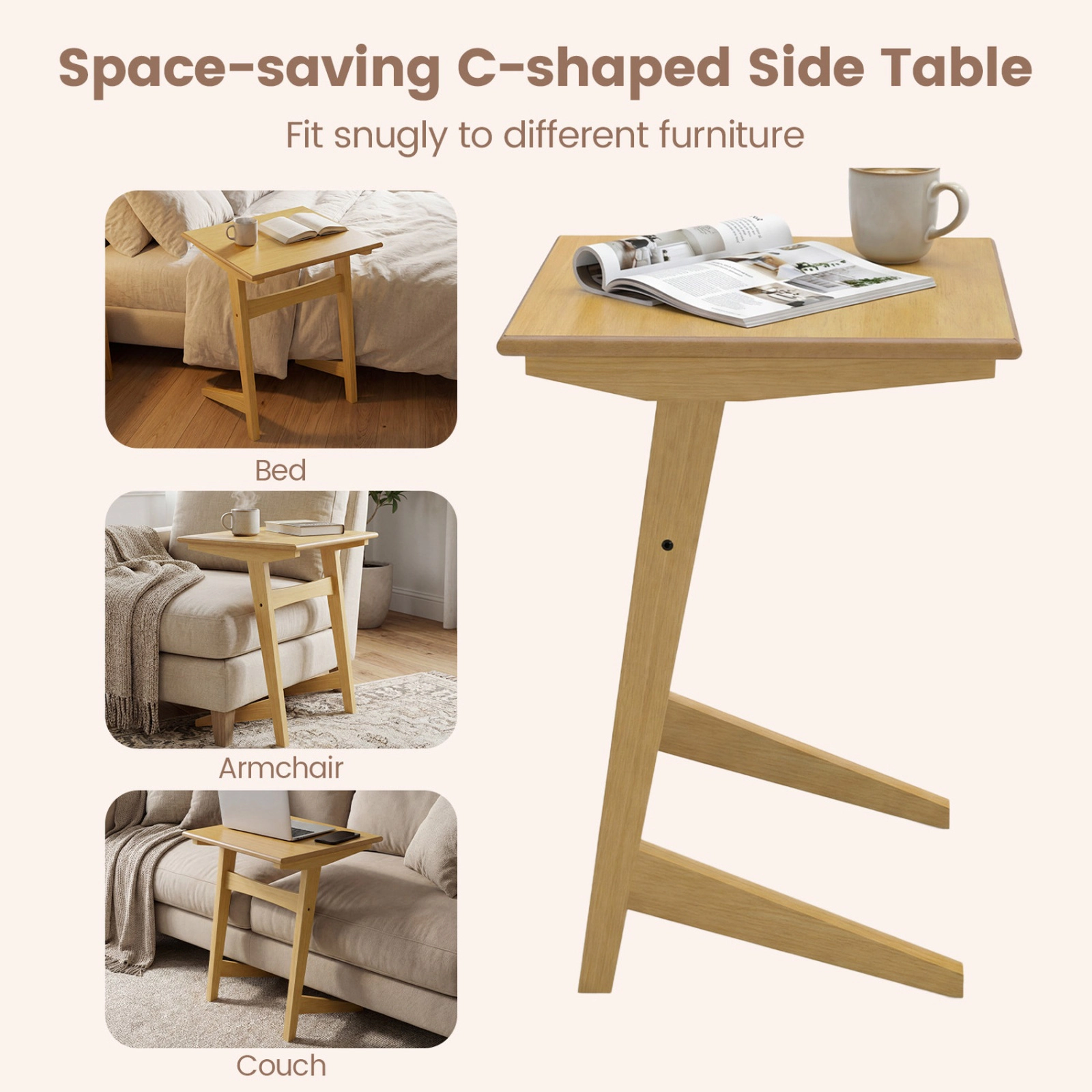 SUGIFT Space-Saving C-Shaped Sofa Side End Table with Wood Veneered Top 165-lb Capacity Natural
