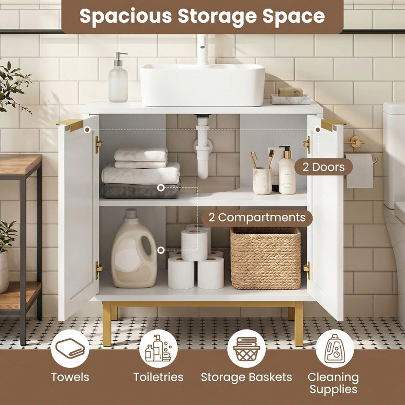 SUGIFT White 66-lb Capacity Rattan Door Bathroom Vanity Cabinet with U-Shaped Cut-Out and Metal Legs