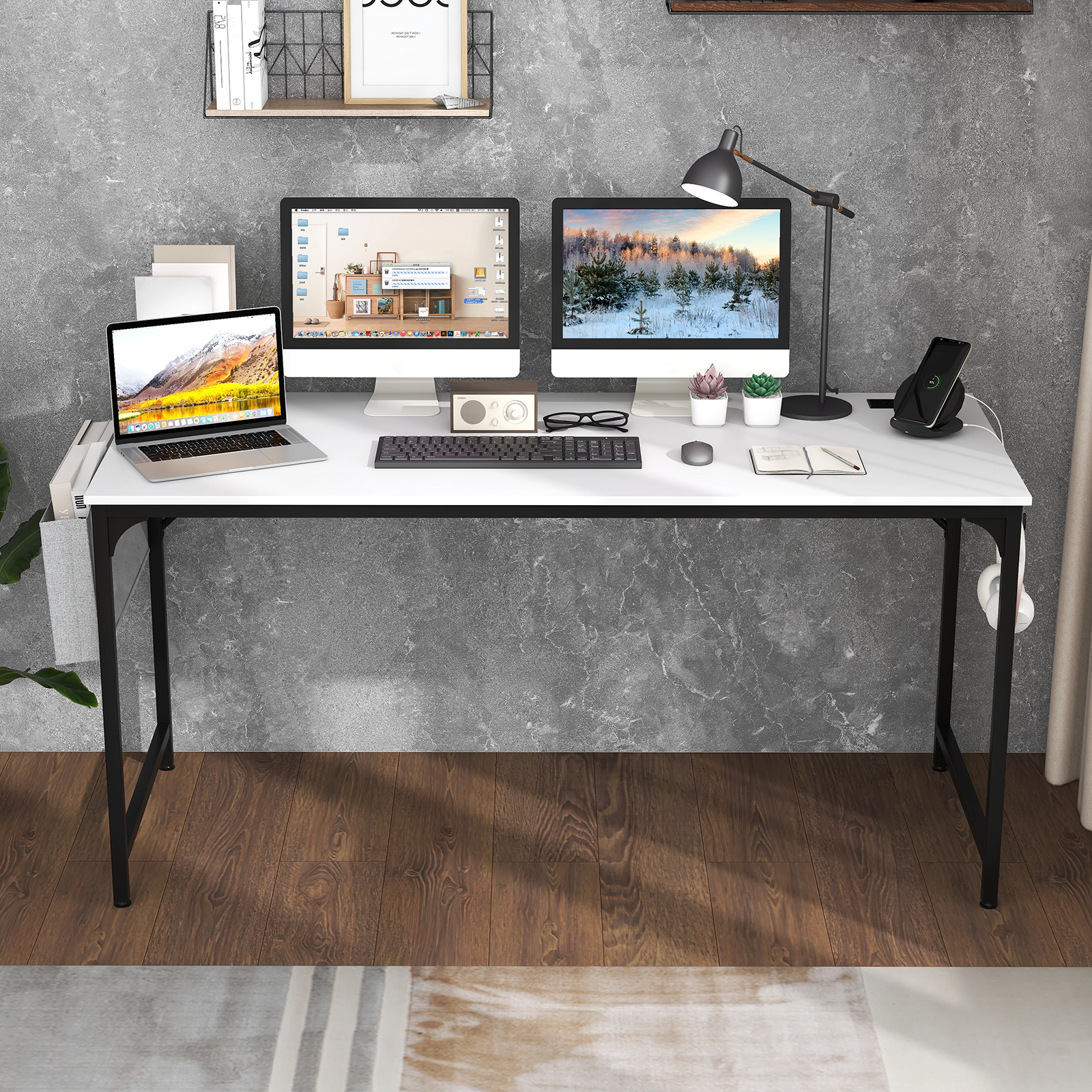 SUGIFT 60-Inch White Computer Desk with Power Outlet, USB Port, Storage Bag and Headphone Hook