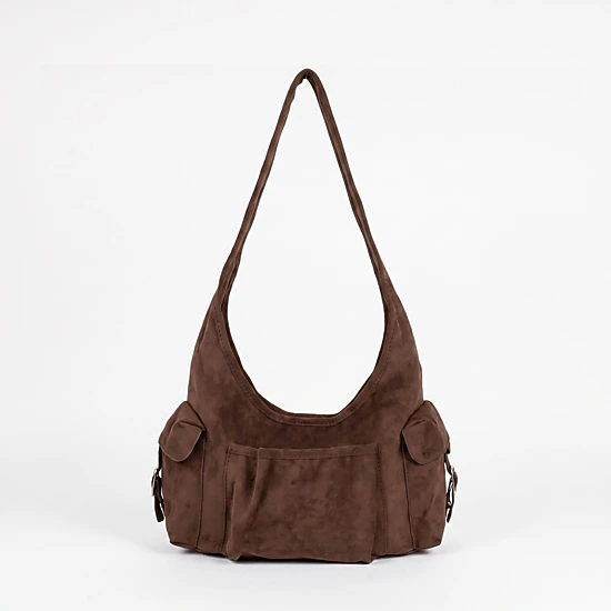 Alilang Women's Slouchy Suede Look Hobo Shoulder Bag with Front and Side Pockets 10.6x5x5in