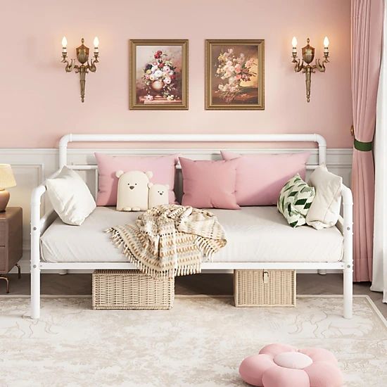 Twin Metal Daybed Frame with Headboard, Heavy Duty Steel Slats Sofa Bed ...