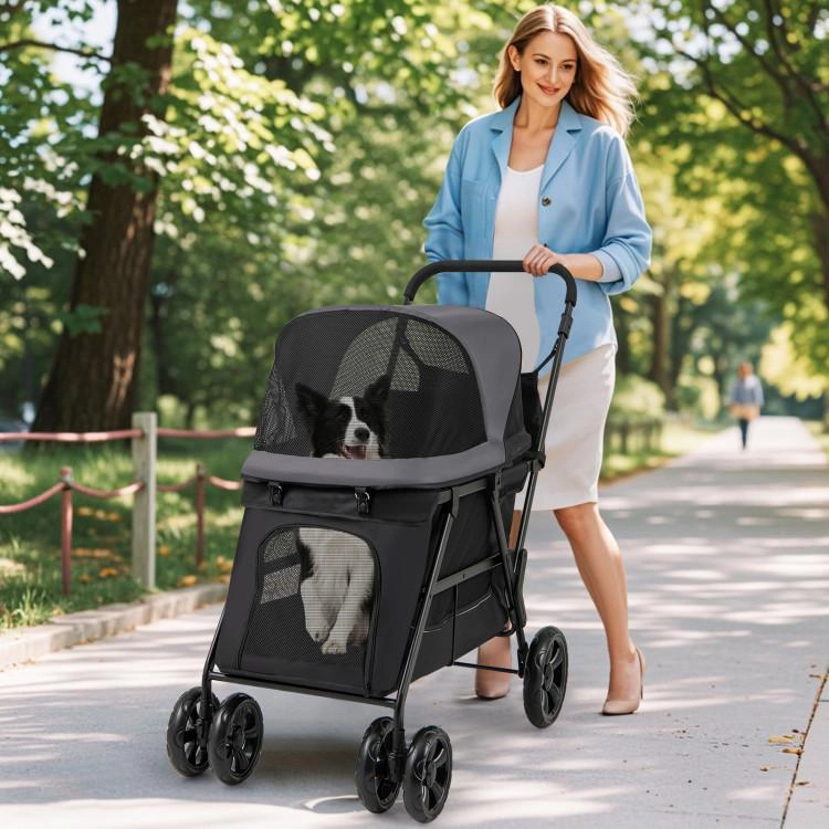 SUGIFT 44 x 40-in 66-lb Capacity Black Foldable Dog Stroller with Detachable Ramp Door and Shock-Absorbing Wheels