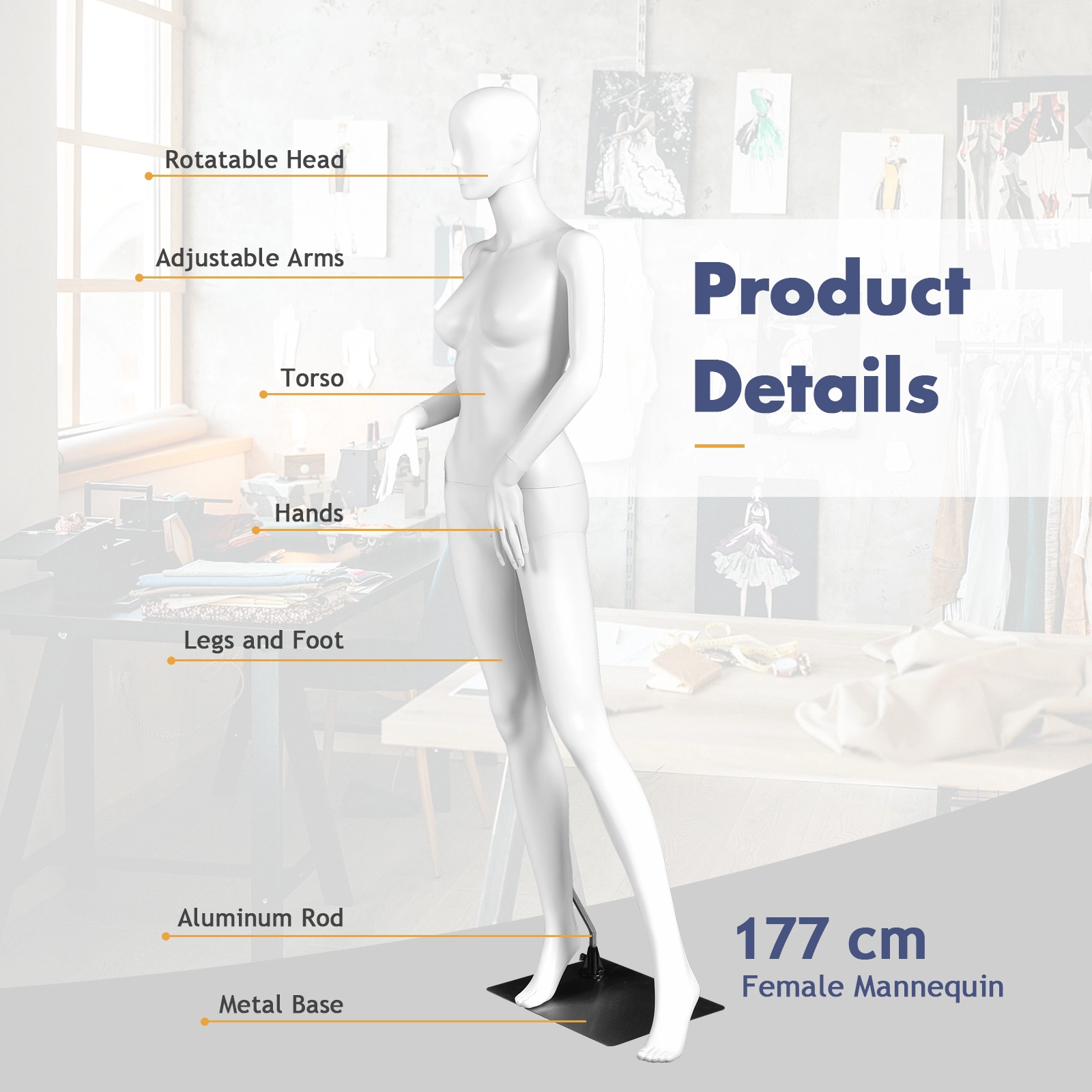 SUGIFT 5.8-ft White Full Body Female Mannequin with Detachable Arms Torso and Rectangular Metal Stand