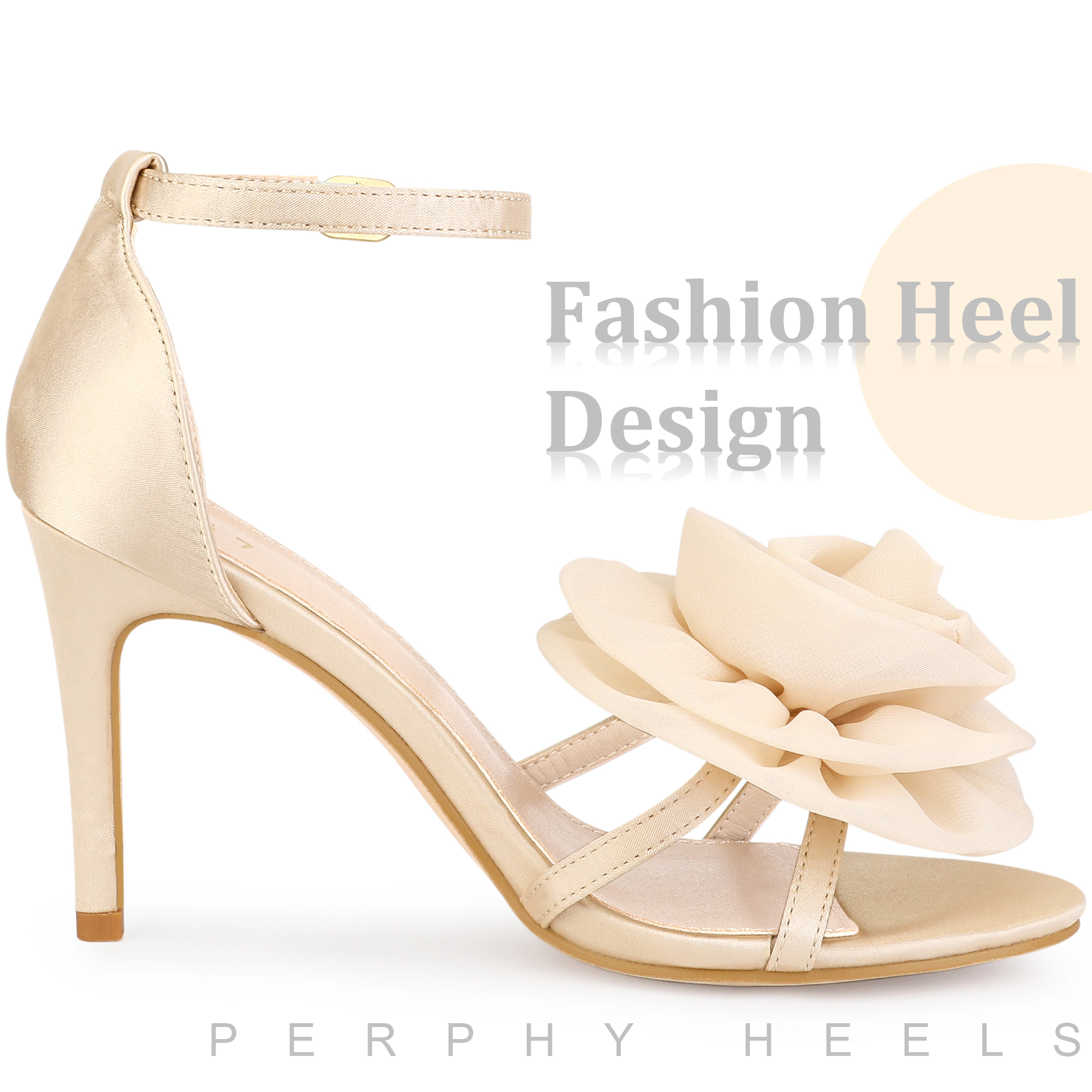 BLISSFUL STEP Women's Satin Flower Ankle Strap Stiletto Heel Sandals