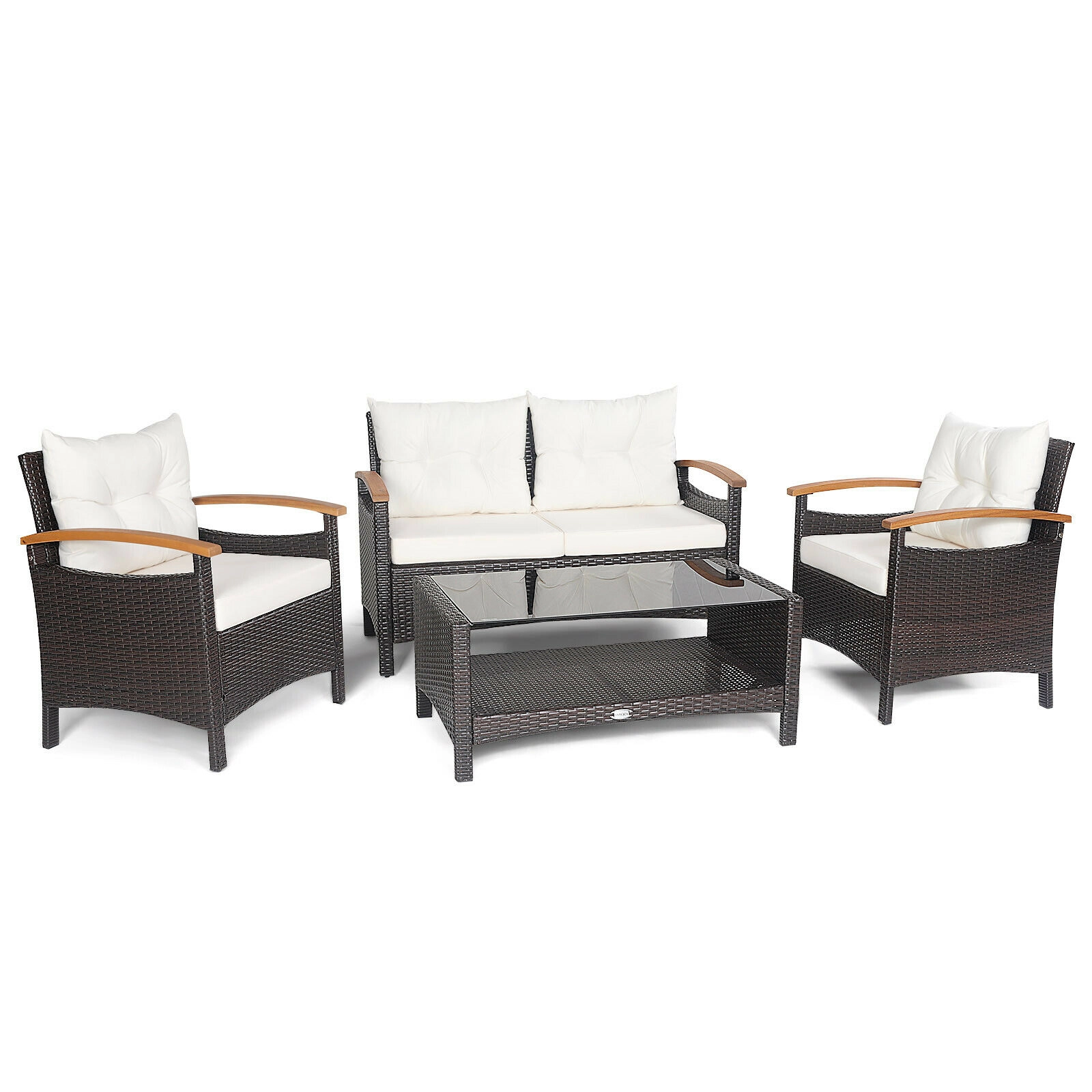 LJG 4 Pieces Patio Rattan Furniture Set with Cushioned Sofa and Storage Table