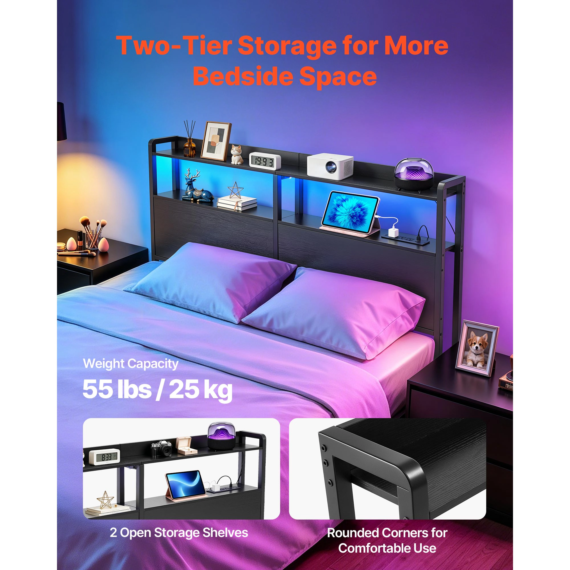 HONGGE Headboard for Bed with 2 Storage Shelves LED Light 3 Outlets and 3 USB Ports Sturdy and Stable Carbon Steel
