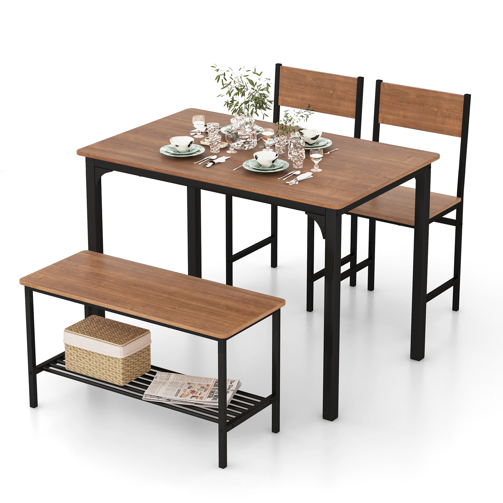 SUGIFT Rustic Dining Table Set with 2 Chairs & Storage Bench 200-lb Table 330-lb Chair 660-lb Bench Capacity