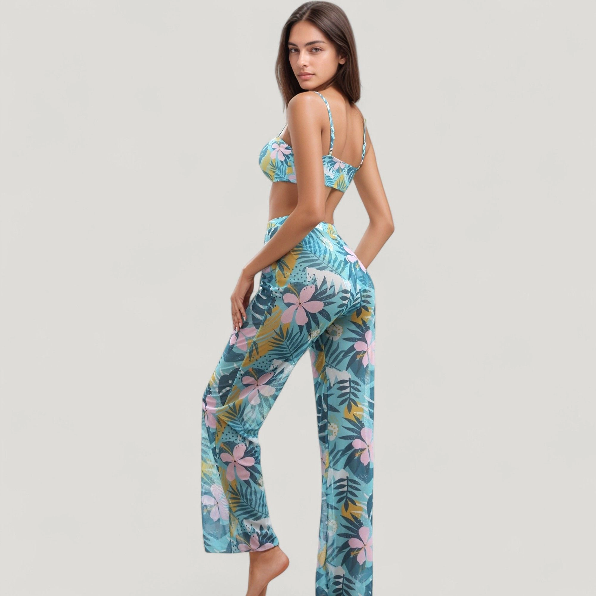 Anna-Kaci Women Tropical Leaf 3-Piece Swimsuit Set - Padded Bikini Top, High-Waist Bottoms, Sheer Wide-Leg Pants