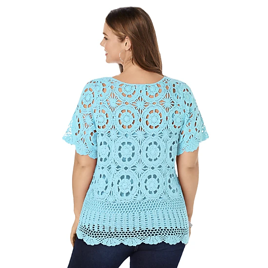 Roaman's Women's Plus Size Medallion Pattern French Crochet Sweater Top