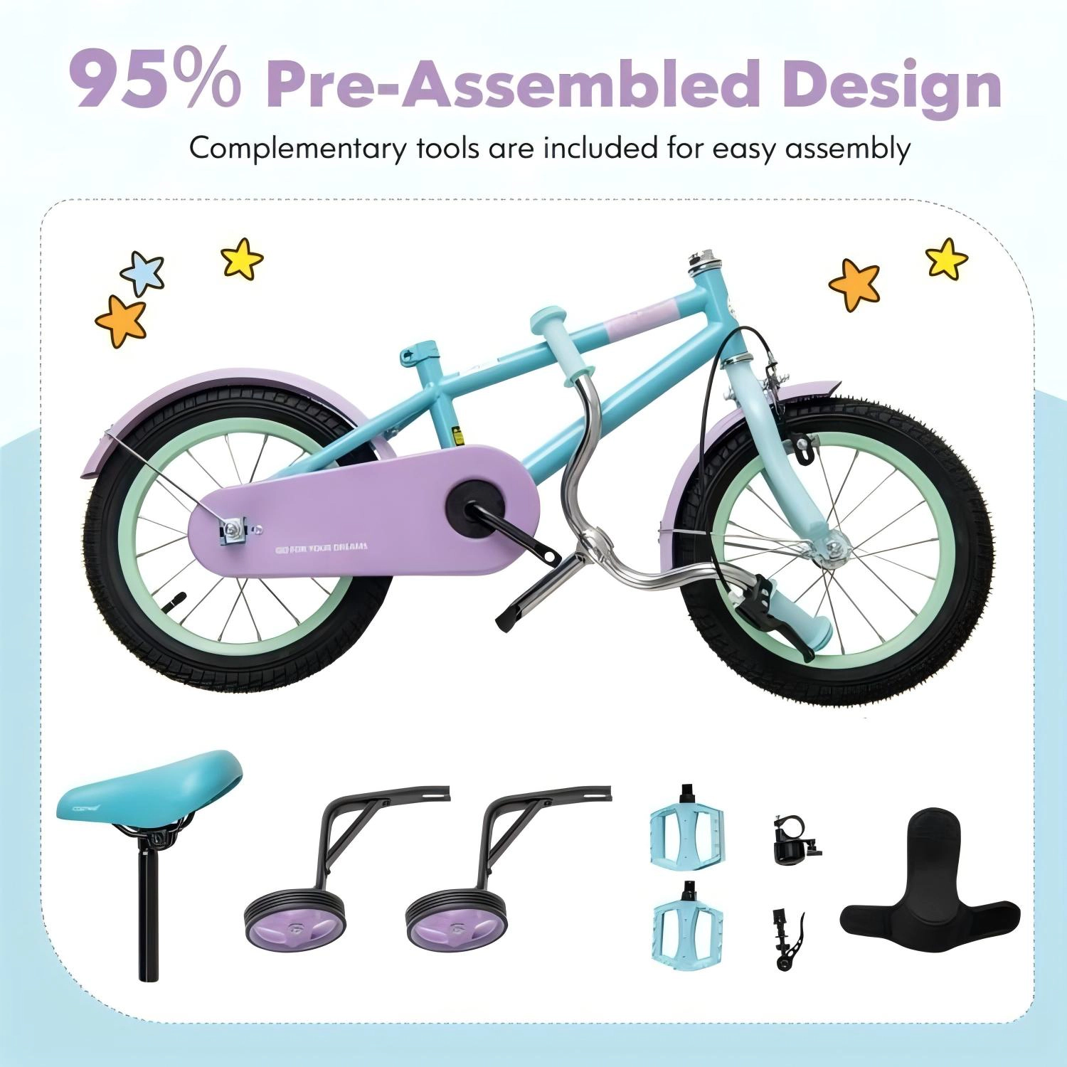 SUGIFT 14-Inch Kids Bike, Adjustable Saddle and Handlebars, Dual Brakes, Training Wheels, Blue and Purple