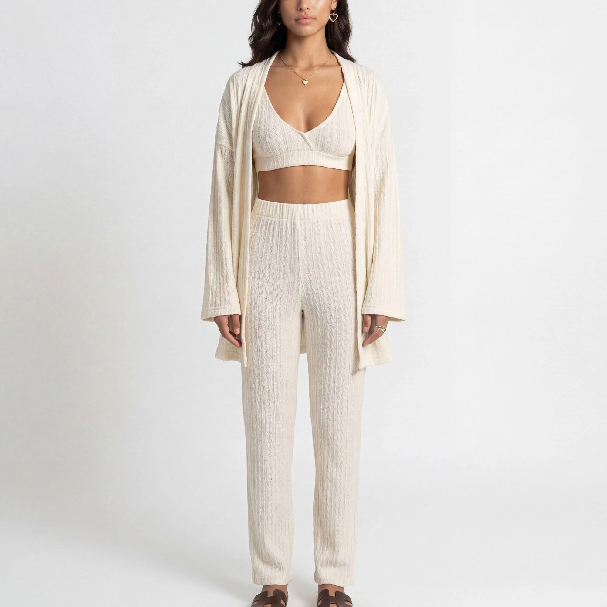 Anna-Kaci Women's 3-Piece Pajama Set with Textured Woven Knit Bra Top Open Cardigan and High Waist Pants