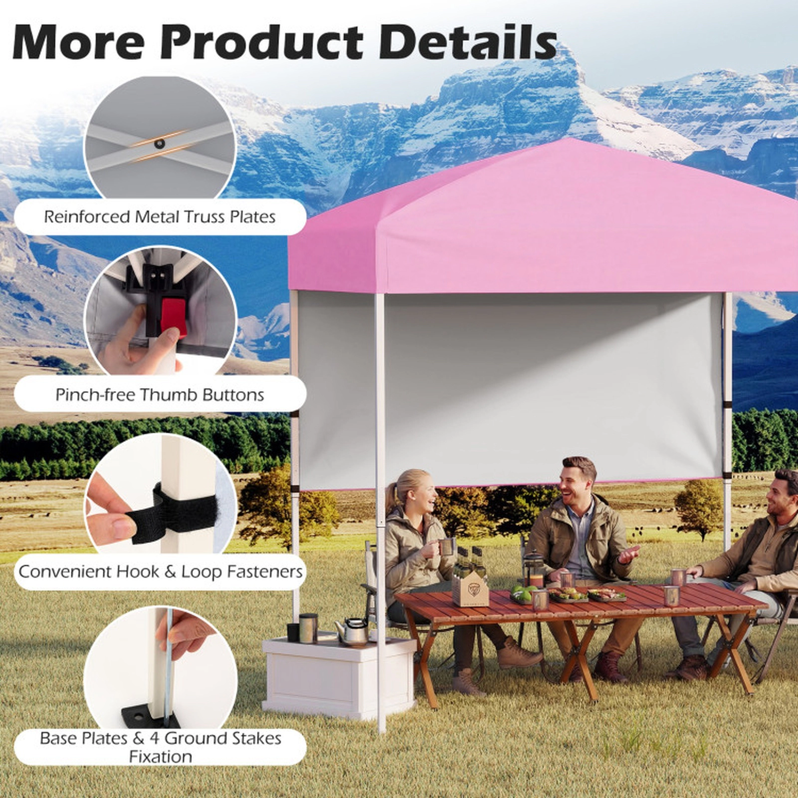 SUGIFT Pink Adjustable Folding Pop Up Canopy Tent with 1 Half Sidewall and Anchor Plates 6-ft W 4-ft D 6.6-ft H