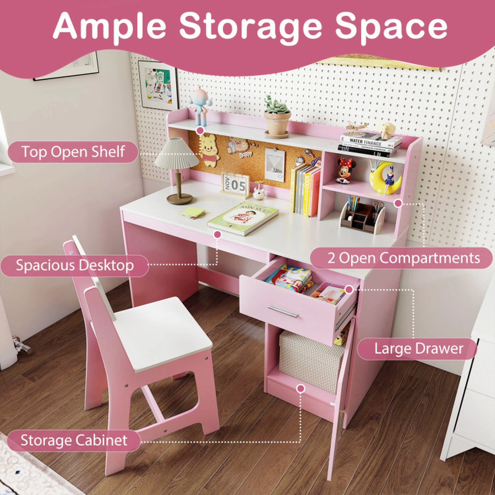 SUGIFT Kids Study Desk & Chair Set Cork Board & Storage 132-lb Tabletop Capacity 220-lb Chair Capacity Ages 3+ White +
