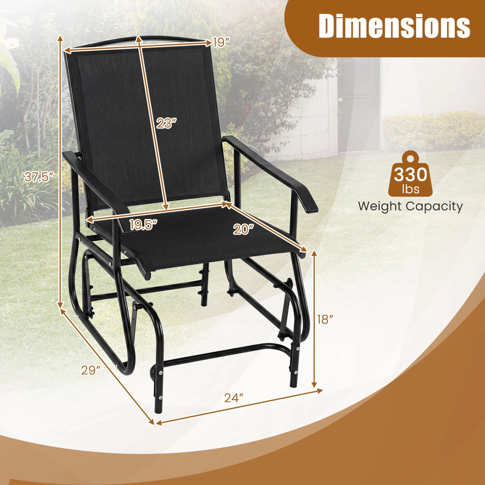 SUGIFT Metal Frame Inclined Backrest and Armrests Outdoor Glider Chair