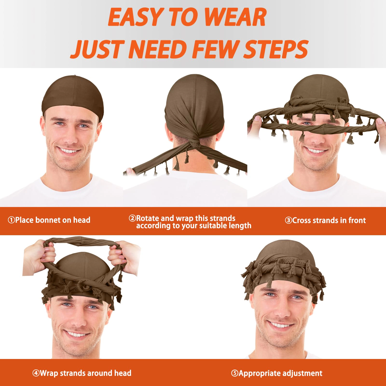 PIGFDK 6 Pack Satin Lined Turban For Men  Silky Pre-tied Head Wraps - Hair Protection Sleep Cap Waves Braids