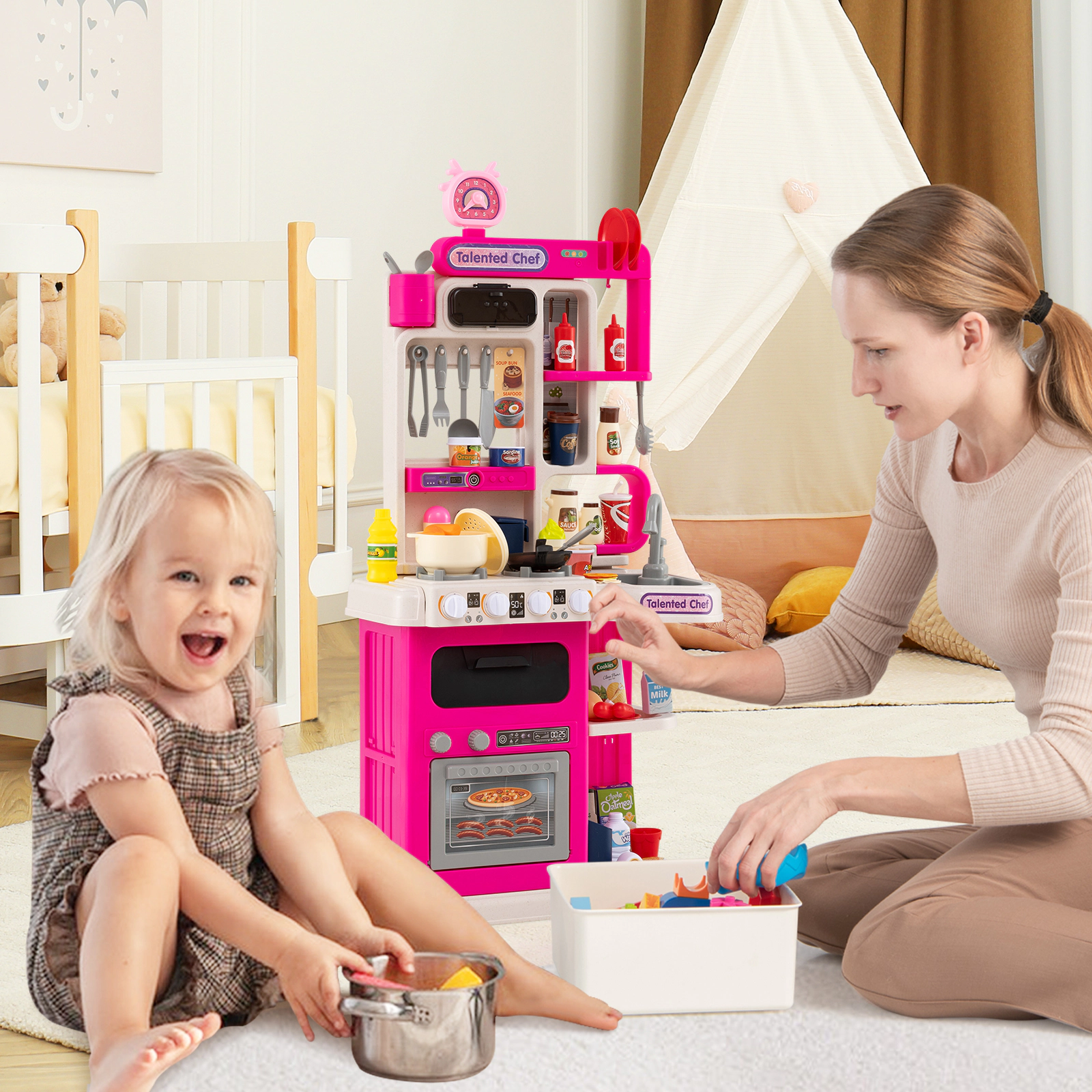 Kids Play Kitchen with 95-pc Accessories Steam Effect Water Circulation Lights and Sounds 17.5-in x 9.5-in x 36-in Pink