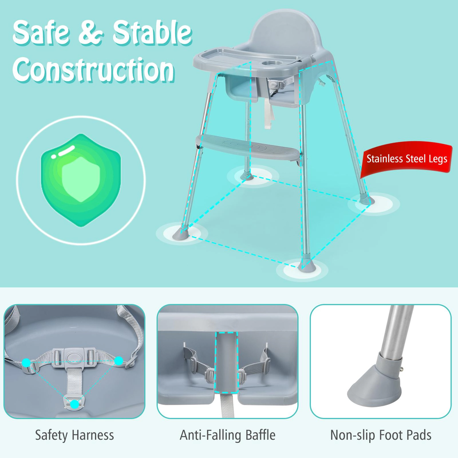 SUGIFT 4-in-1 Convertible Baby High Chair with Removable Double Tray 33-lb Capacity Ages 6-36 Months Gray/White