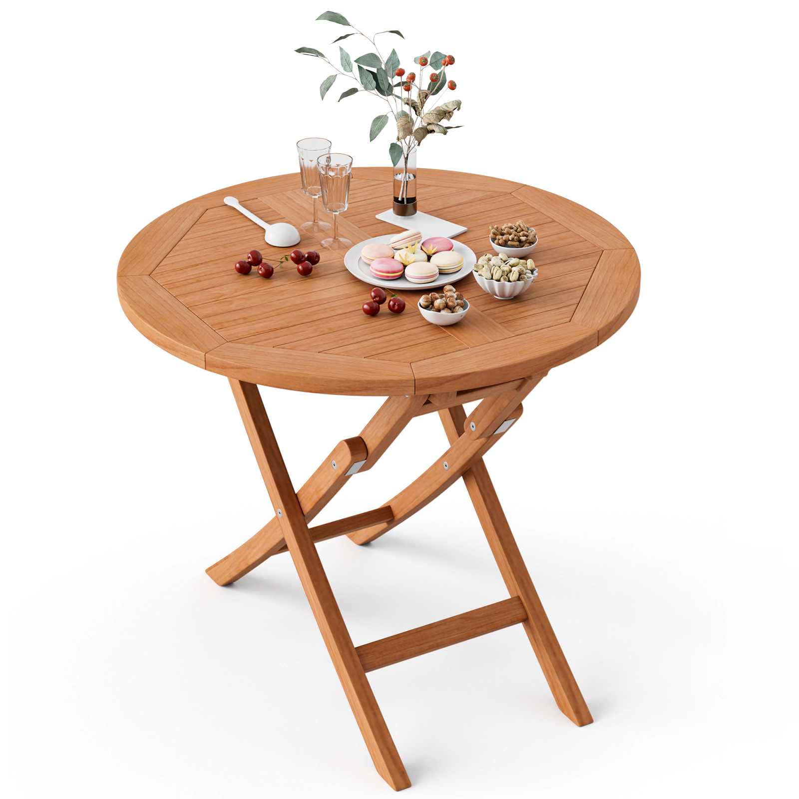 SUGIFT 31.5-in Folding Teak Wood Round Coffee Table 220-lb Capacity Natural Color Patio Accent Table 1-Piece