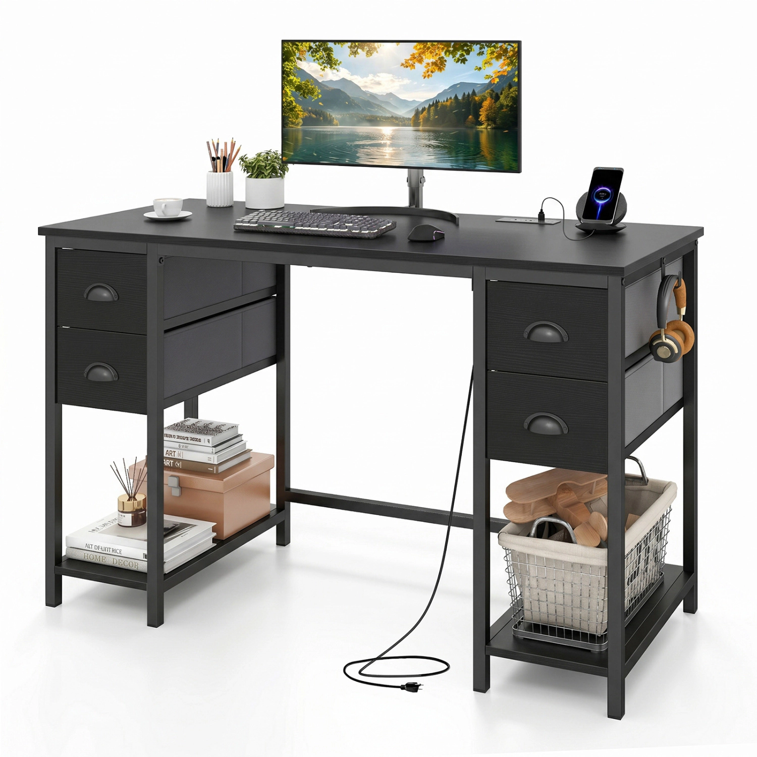 LJG 48 Inches Computer Desk with Power Outlet Home Office 4 Fabric Drawers