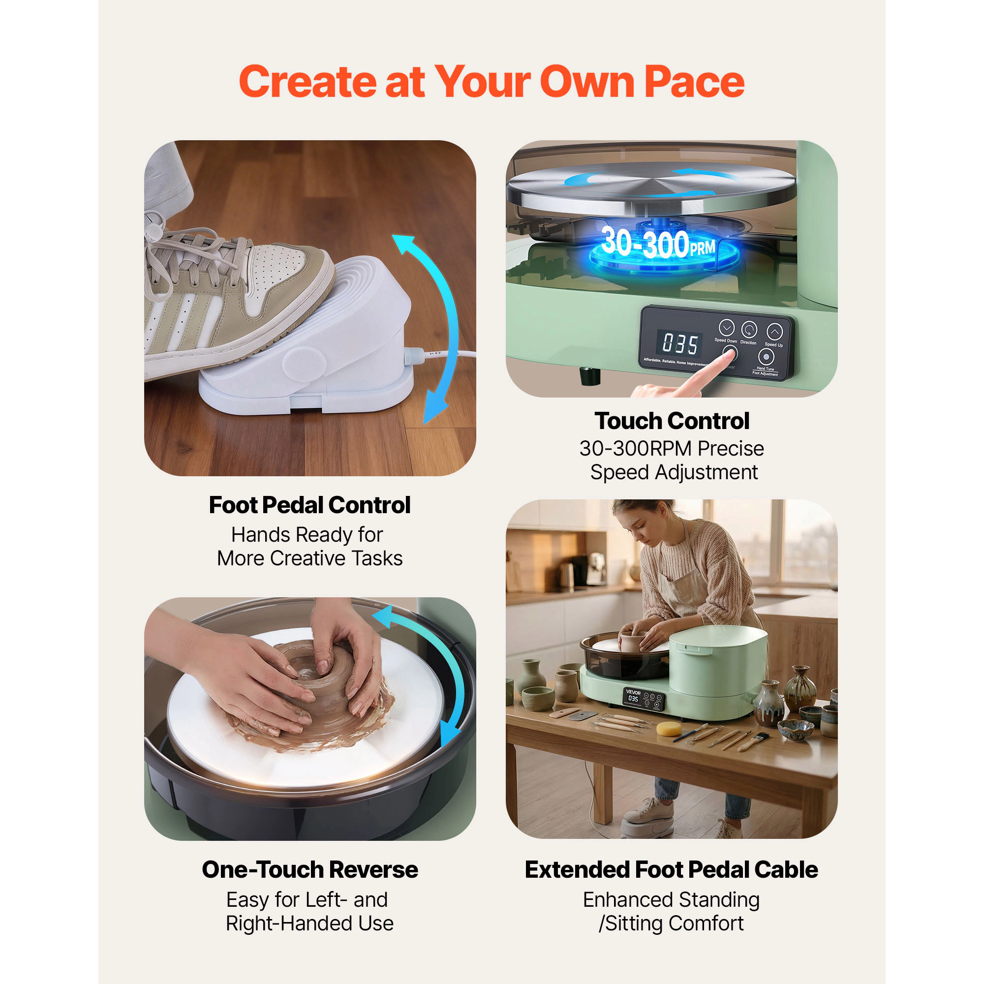 HONGGE Pottery Wheel for Adults 11" Aluminum Turntable 450W Electric Table Top with Foot Pedal 30-300 RPM