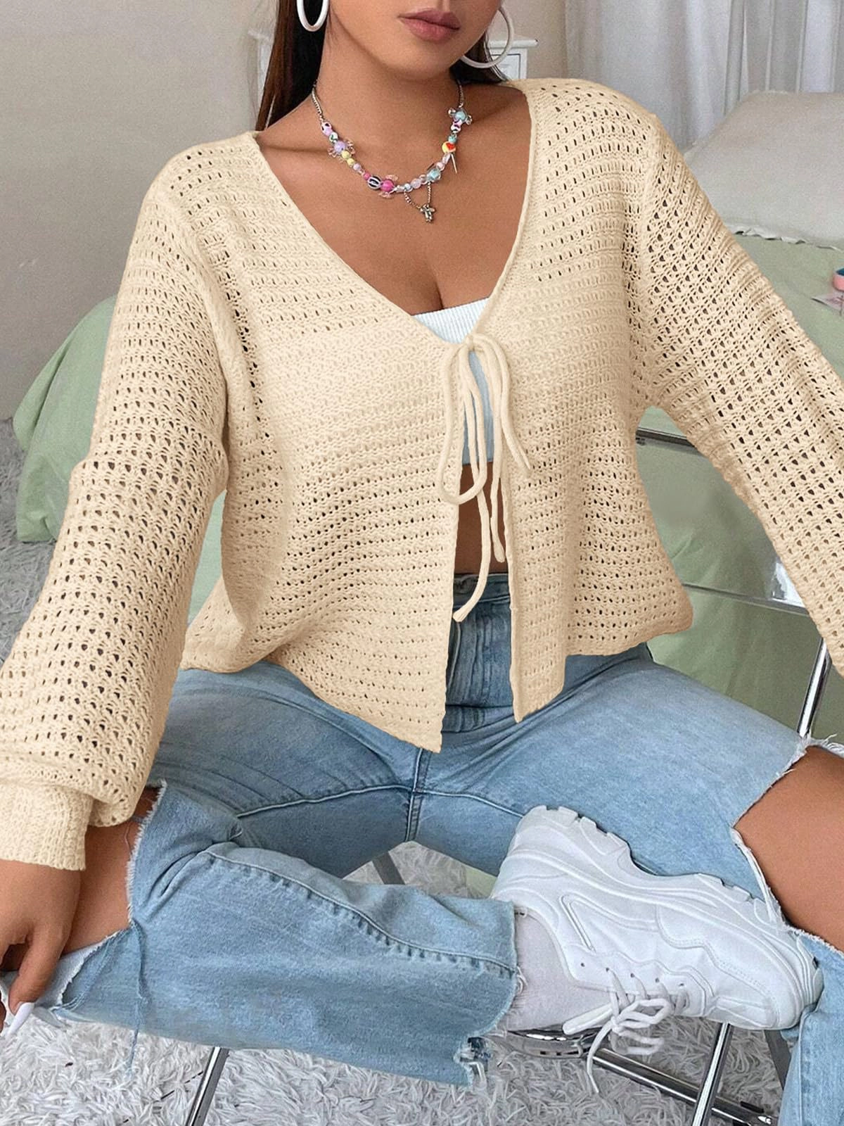 KOJOOIN Women's Lightweight Cardigan Plus Hollow Out Tie Front Knit Shrug Crop Sweater