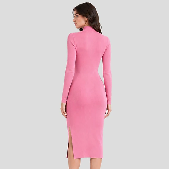 Artyska Women's Long Sleeve Turtleneck Bodycon Slit Ribbed Dress