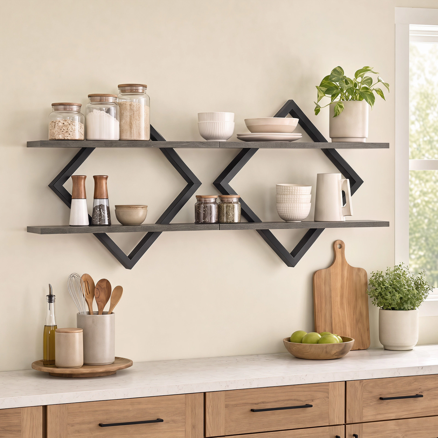 LJG Set of 2 Metal Floating Shelves for Wall with Geometric Frame