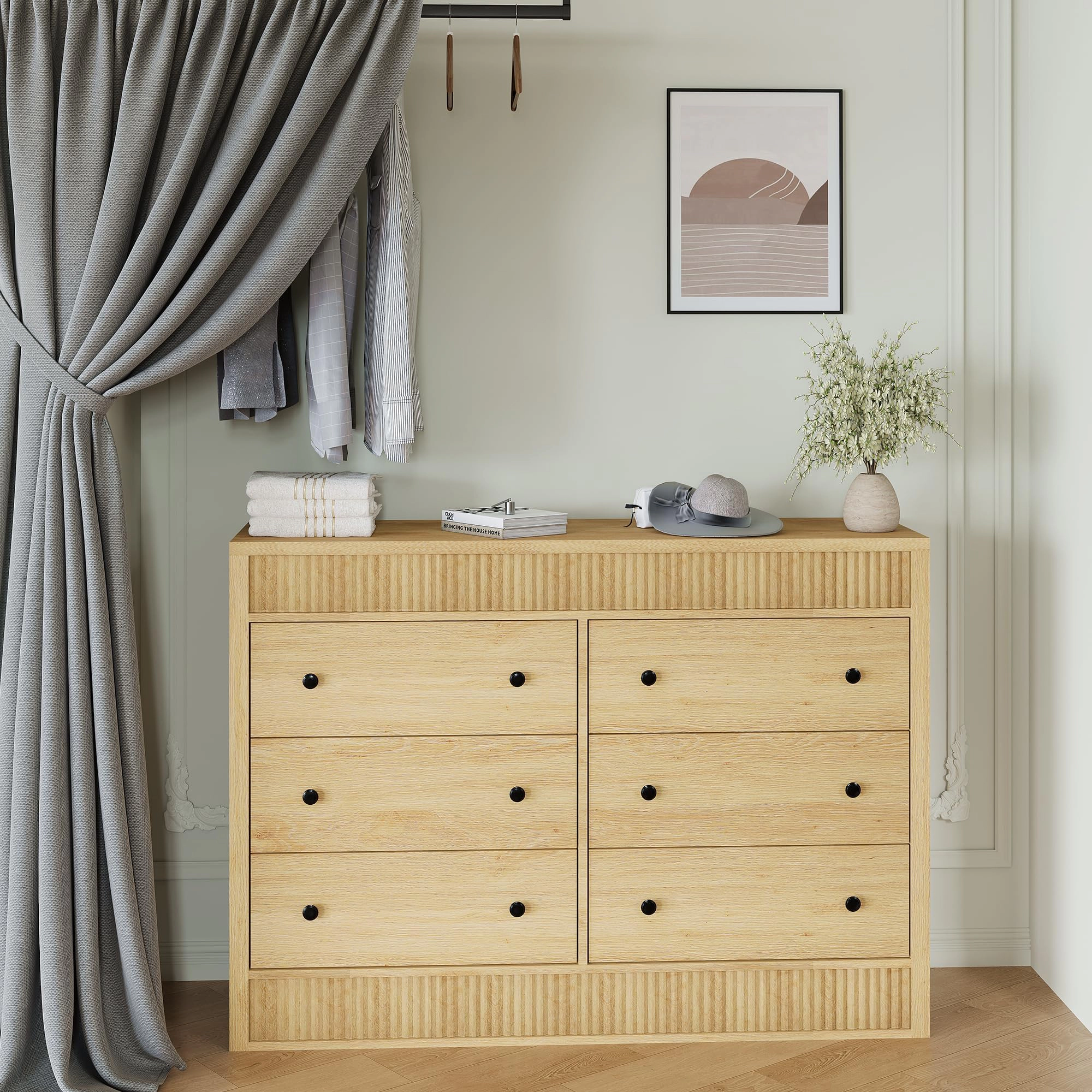 Fluted 6 Drawer Wooden Dresser, 47" Wide Modern Storage Chest for Bedroom or Living Room