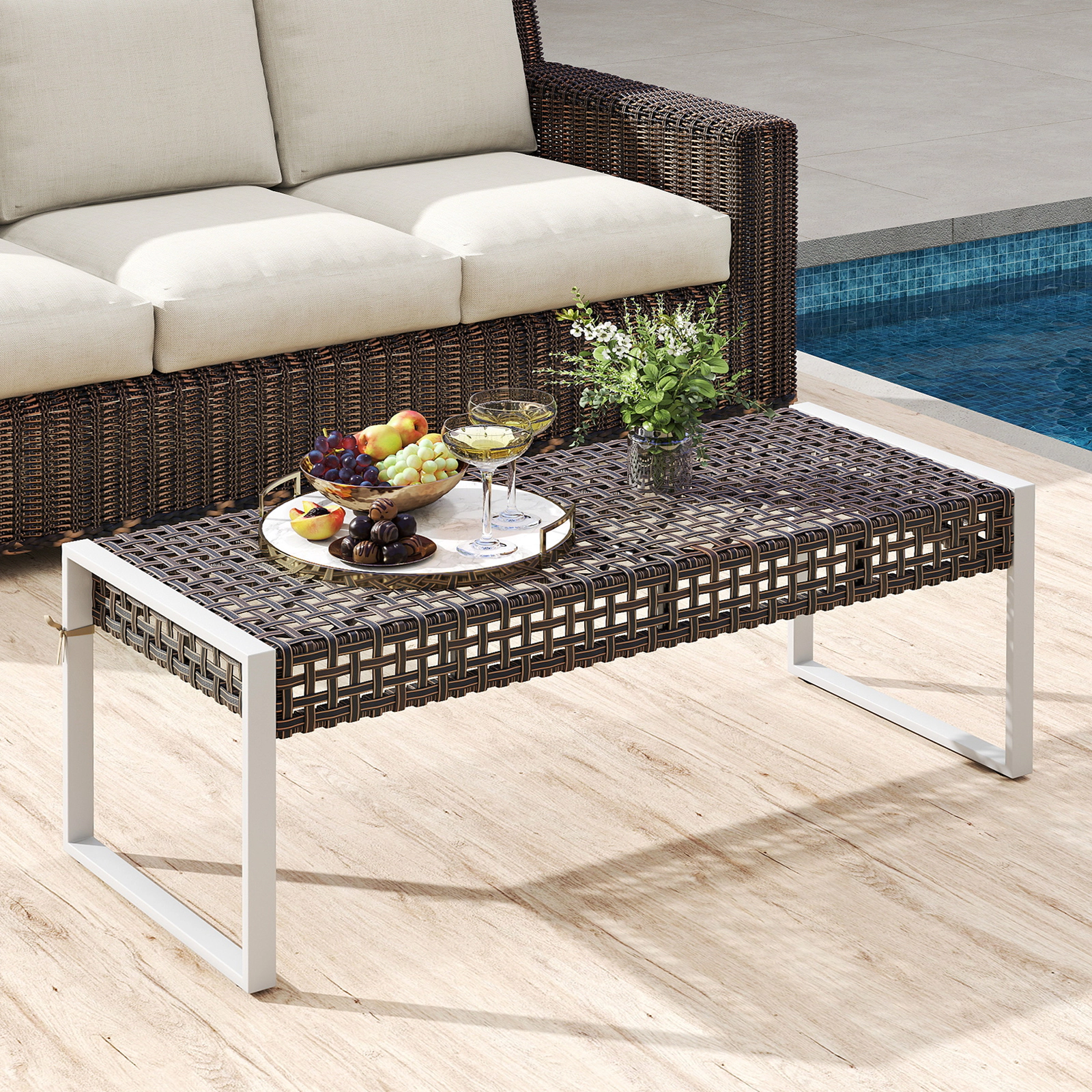 LJG 43 Inch Patio Rectangle Ottoman with Metal Legs and Seat Cushion