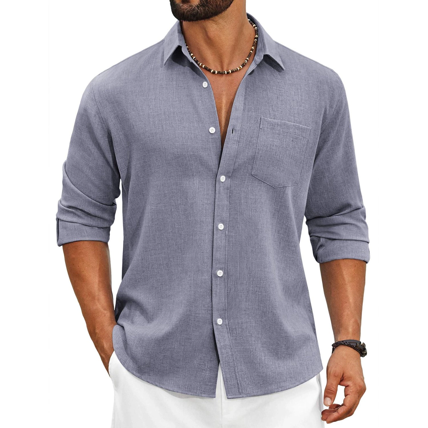COOFANDY Mens  Casual Long Sleeve Button Down Shirts Lapel Collar Pocket Tops