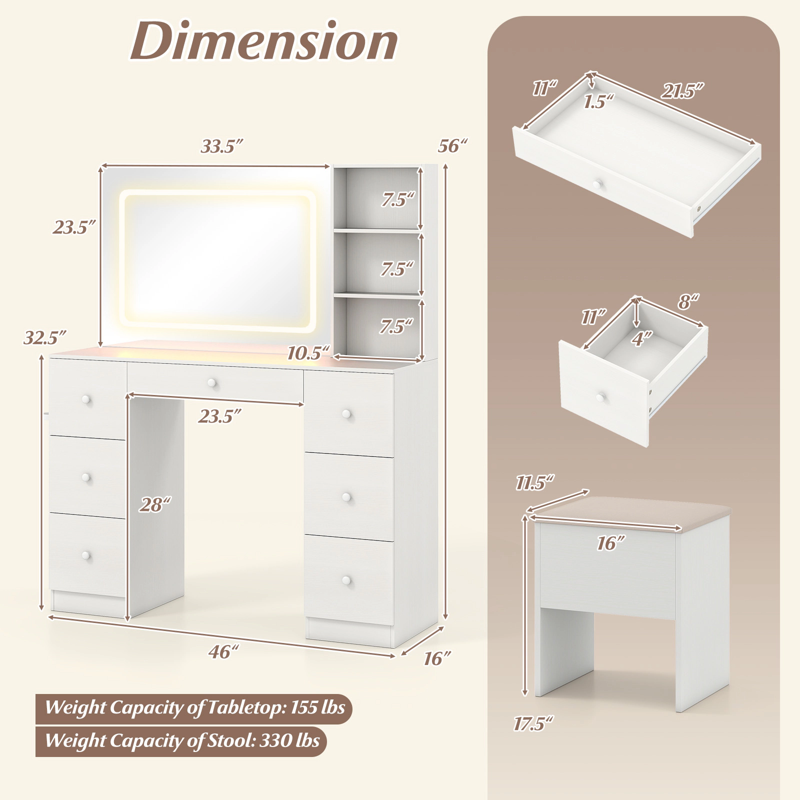 SUGIFT White Large Lighted Mirror and 7 Storage Drawers 46 Inch Vanity Desk and Stool Set