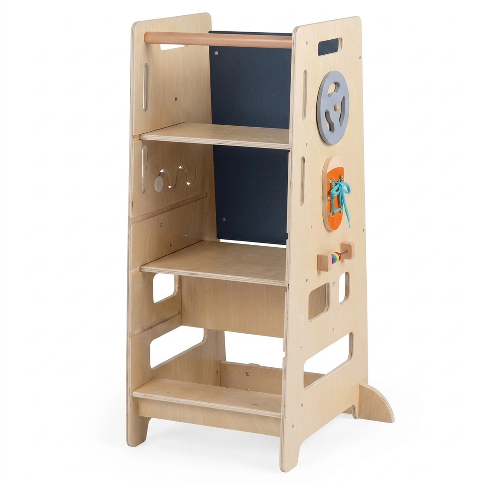 SUGIFT Natural Wooden Toddler Standing Kitchen Tower with 2 Adjustable Heights and Chalkboard Panel