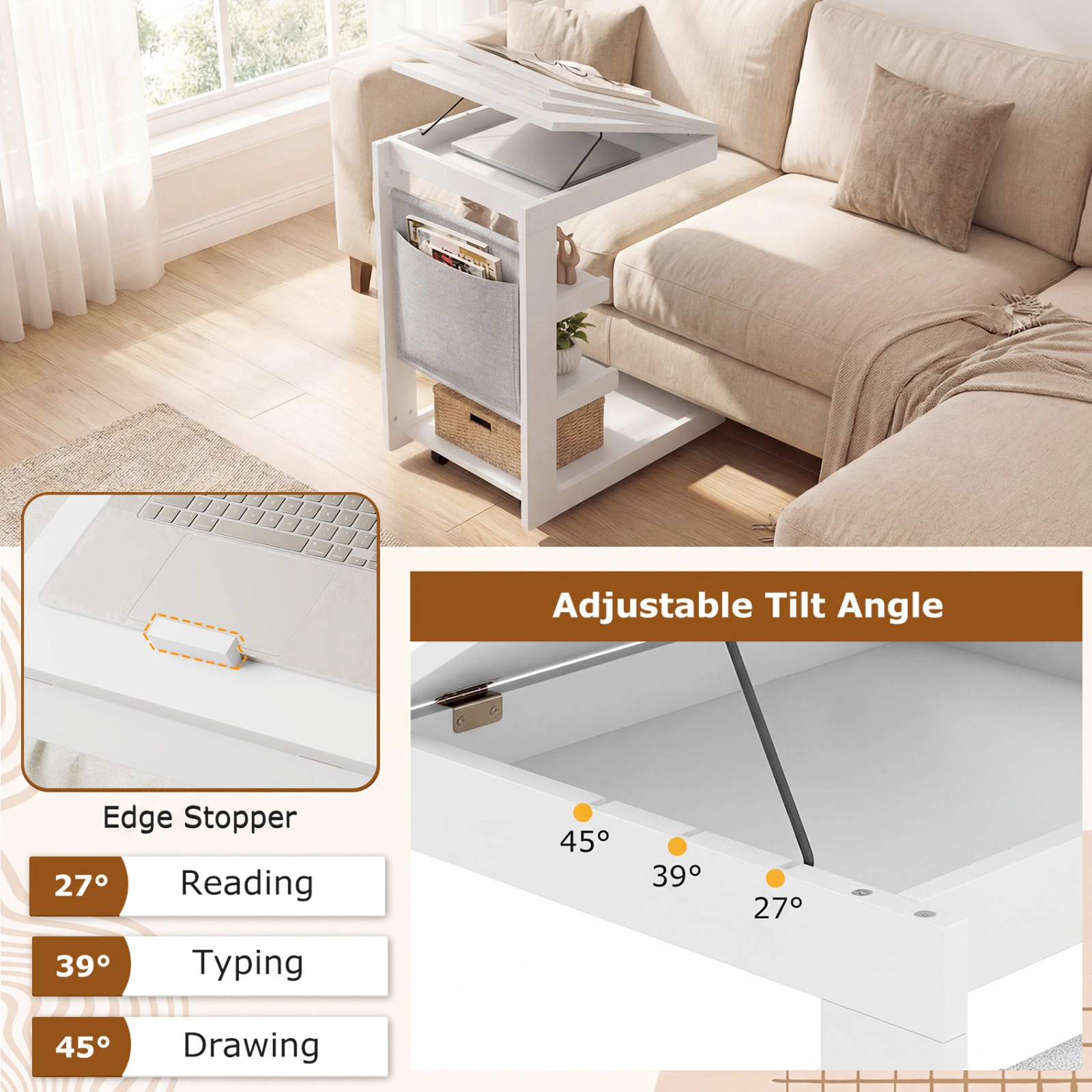 SUGIFT White C-Shaped Rolling End Table with Tilting Desktop